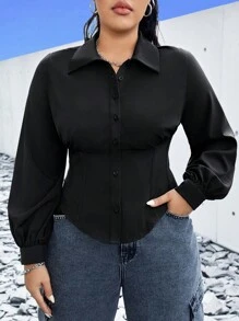 SHEIN EZwear Của phụ nữ Kích thước lớn Chất rắn Có màu sắc Eo Kẹp chặt Áo sơ mi - màu đen - Xem 7