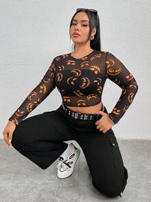 SHEIN EZwear Women's Plus Size Cartoon Pattern Round Neck Sheer Mesh Top - Black - View 5