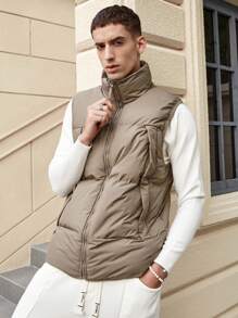 Nam Chi tiết Patched thư Dây kéo Áo gi lê Lông vũ - Màu Khaki - Xem 4