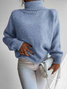 RueChic Jersey cuello alto de manga raglán tejido de canalé - Azul - Ver 5