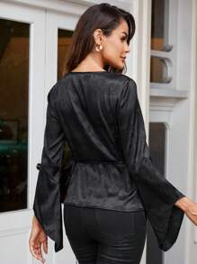 SHEIN Clasi Women's Jacquard Satin Wrap Blouse - Black - View 2