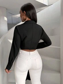 SHEIN Lady Women's Solid Color Pleated Lace Shirt - Black - View 2