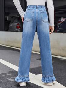 SHEIN Teen Girls' Frayed Hem Denim Jeans With Ruffle Trim - Medium Wash - View 2