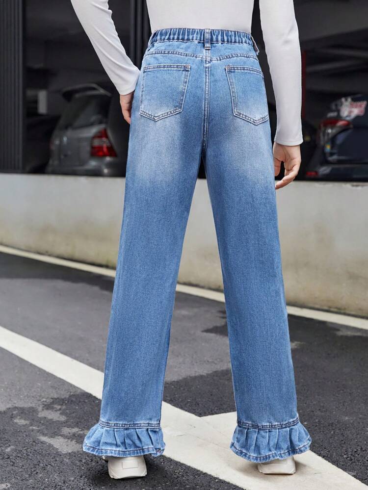 Teen Girls' Frayed Hem Denim Jeans With Ruffle Trim