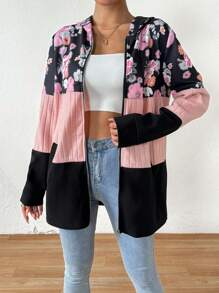 SHEIN LUNE Cazadora Con Capucha De Bloques De Color Estampada Con Flores - Multicolor - Ver 3