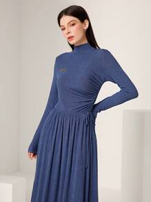 Seusyu Ladies' Solid Color Stand Collar Long Sleeve Pleated Dress Modest Dress - Blue - View 3