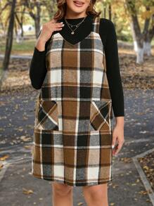 SHEIN LUNE 大尺碼格子拼色連身裙 - 彩色 - 查看 1