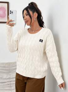 SHEIN Unity Plus Size Women'S Cable Knit Sweater With Drop Shoulders - Beige - View 4