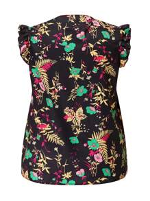 SHEIN LUNE Kích thước lớn Áo Với Đường viền cổ có rãnh , In hoa Và Chi tiết Ruffle - màu đen - Xem 2