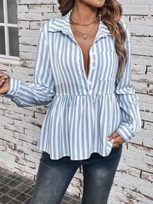 SHEIN LUNE Half Placket Striped Shirt - Blue and White - View 7