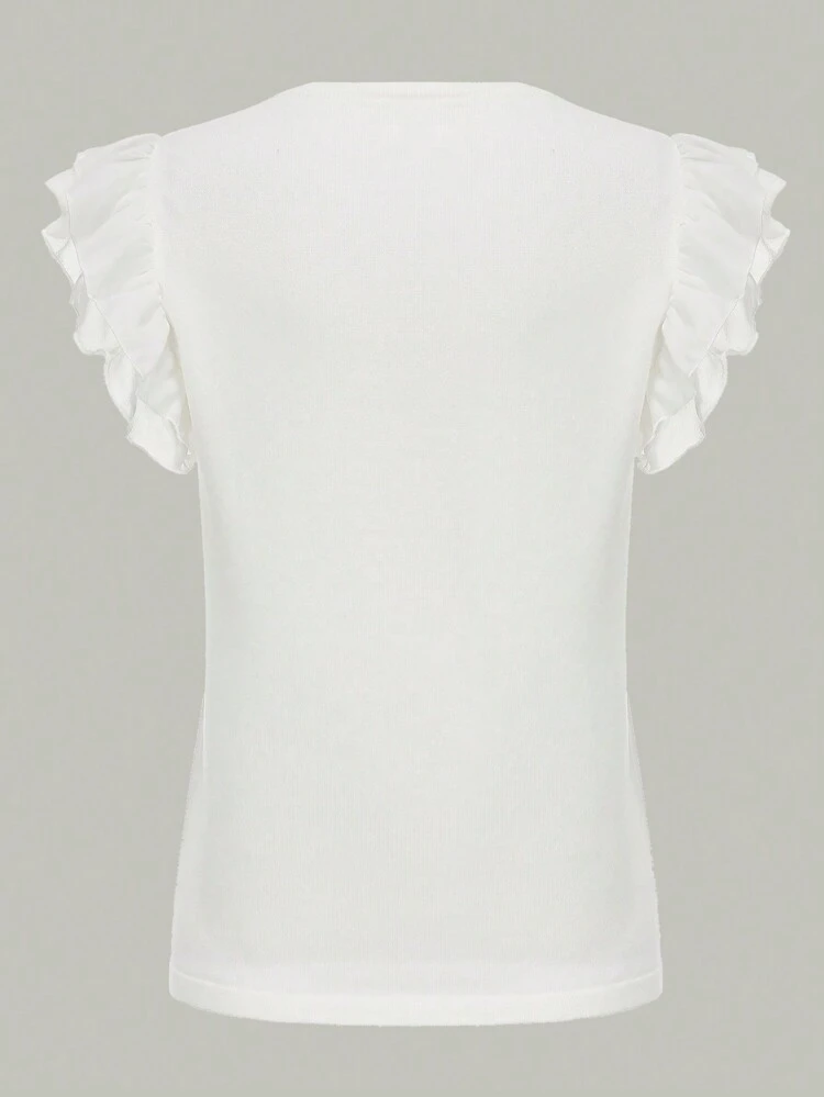 Ladies' Round Neck Lotus Ruffle Trimmed Slim Fit Top With Embellishment