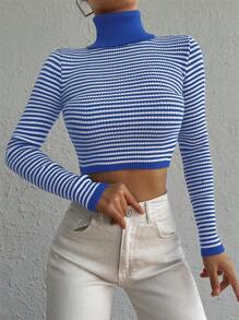 EURMUSE 條紋圖案高領短款毛衣 - 藍白色 - 查看 3