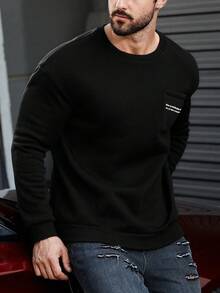 Manfinity Nam Áo nỉ Với In thư Và Mặt trước Túi - màu đen - Xem 6