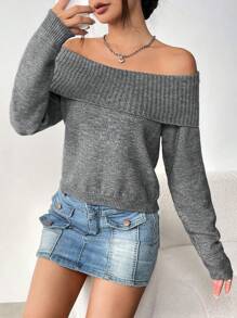 Flirla Solid Color Ribbed Off Shoulder Long Sleeve Knit Pullover Fall Winter Sweater - Grey - View 3