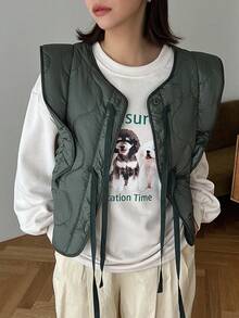 FRIFUL 女式無袖絎縫短襯墊大衣 - 綠色 - 查看 8