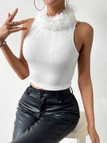 SHEIN Privé 女性拼接毛絨針織背心 - 白色 - 查看 6