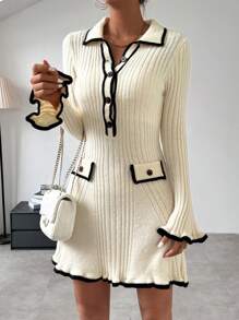 Chiquease Vestido Estilo Suéter Con Ribetes Y Detalle De Solapa En Bloques De Color - Albaricoque - Ver 3