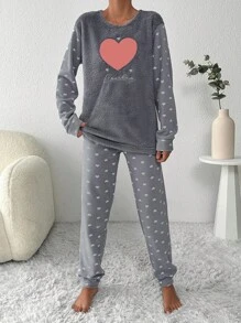 SHEIN Cottnline Heart & Letter Embroidery Flannel PJ Set - Light Grey - View 5