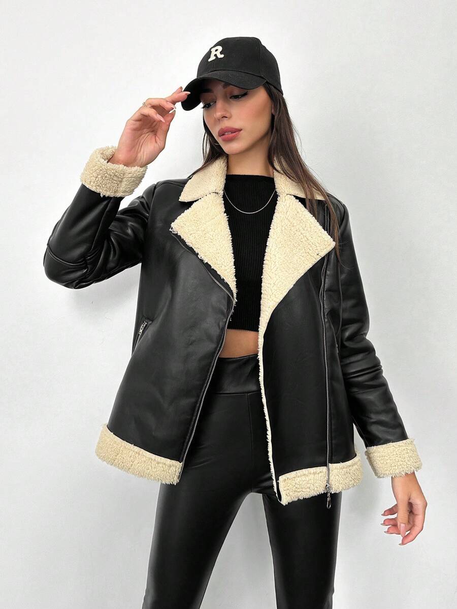 EURMUSE Lót Teddy Dây kéo Da nhìn Áo khoác moto - màu đen - Xem 1