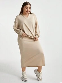 SHEIN Essnce Của phụ nữ Kích thước lớn Lỏng lẻo phù hợp Thả vai Áo thun Và Bộ váy , Màu thuần - Màu be - Xem 4