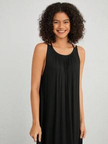 女士純色無袖背心薄肩家居服 - 黑色 - 查看 7