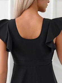 SHEIN Swim 女士蝴蝶袖迷你連身裙分身泳衣 - 黑色 - 查看 5