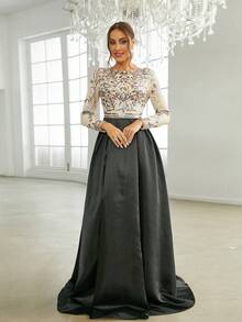 Missord Váy dạ hội đính sequin hoa màu đen thanh lịch dài tay trang trọng cho tiệc cưới, dự tiệc tốt nghiệp, tiệc tối - màu đen - Xem 5