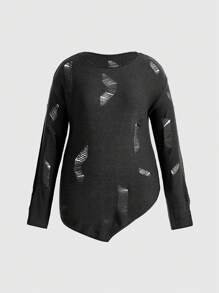 ROMWE PUNK Plus 1pc Ripped Drop Shoulder Sweater - Dark Grey - View 1