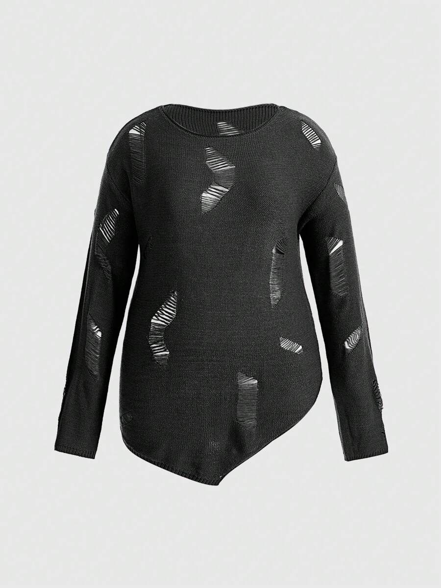 ROMWE PUNK Plus 1pc Ripped Drop Shoulder Sweater - Dark Grey - View 1