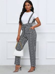 SHEIN Clasi Women Jumpsuits Berikat Kantong Houndstooth Casual Anggun - Hitam dan Putih - View 4