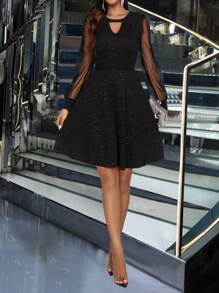 Women's Mesh Contrast Sheer V-Neck Dress - Black - View 1