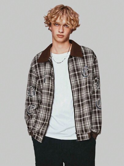Street Life Men Letter Printed Zipper Front Plaid Jacket