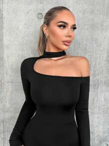 VaVaBold Women's Asymmetric Neckline Tight Jumpsuit - Black - View 3