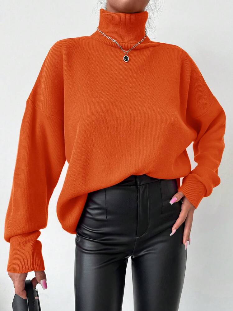 EURMUSE Women's Solid Color High Neck Drop Shoulder Sweater - Burnt Orange - View 4