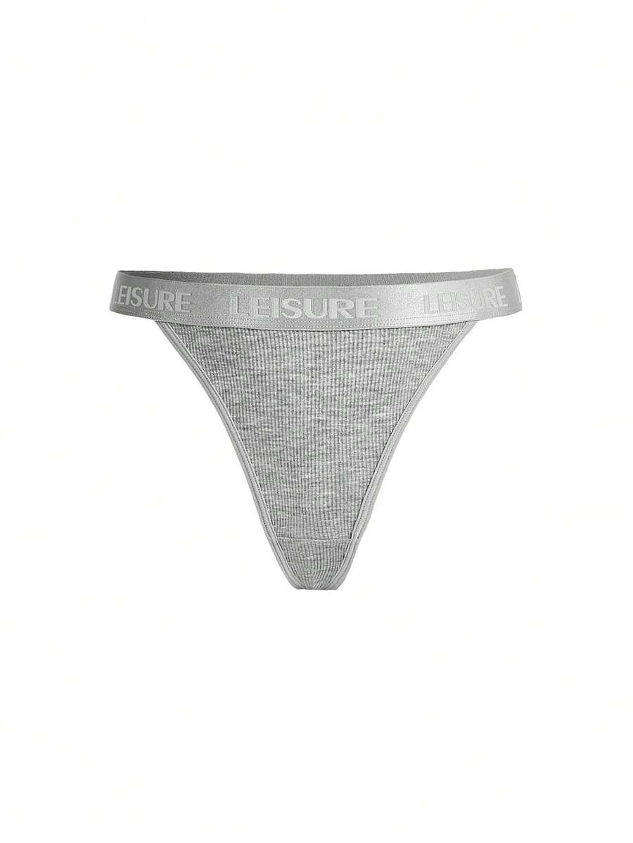 Braguitas De Tanga De Canalé Con Detalle De Letras Y Cinta Jacquard Para Mujer - Gris - Ver 1