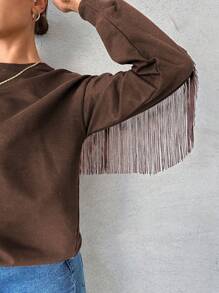 RueChic Cotton Women's Solid Color Fringed Edges Drop Shoulder Sweatshirt - Brown - View 5