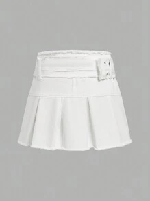 ROMWE PUNK Của phụ nữ Viền tua Váy Denim Với Viền xếp - Màu be - Xem 2