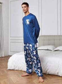 男士睡衣和家居服,對比袖口和考拉印花,長袖和長褲,家庭裝媽咪和我(分別以3套出售) - 藍色 - 查看 5
