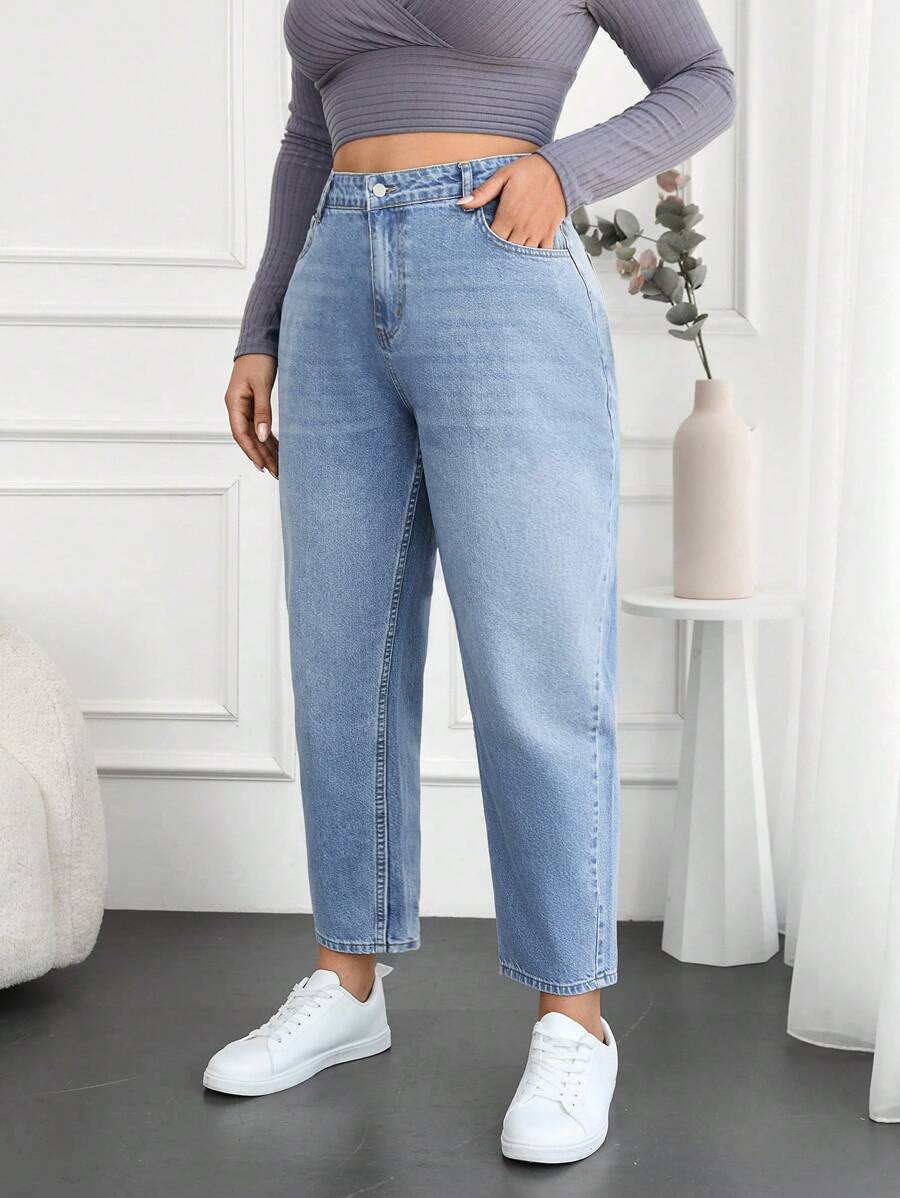 EURMUSE Plus Size Mom Style Denim Jeans, Washed - Light Grey - View 1