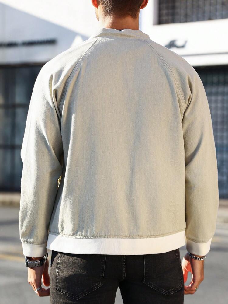 Loose Men's Vintage Denim Jacket With Baseball Collar And Raglan Sleeves