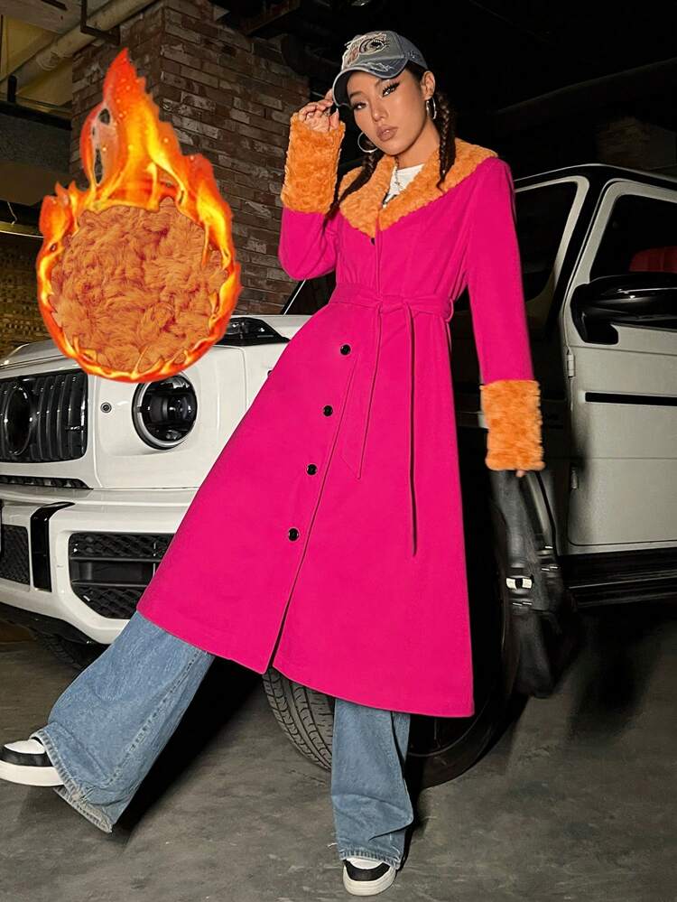 Contrast Fuzzy Trim Button Front Belted Overcoat