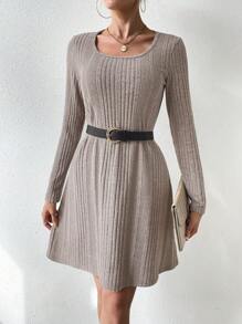 Chiquease Women's Solid Color Round Neck Ribbed Casual Dress Without Belt Fall Cloth For Women - Khaki - View 5