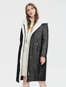 Astrid Plus Zip Up Hooded Quilted Coat - Black - View 3