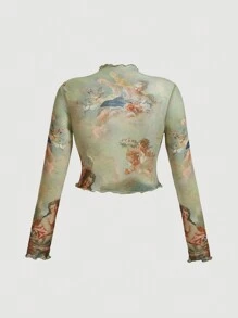 SHEIN MOD 大尺碼女生菜邊印花上衣