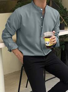 DAZY Men's Solid Color Button Down Long Sleeve Shirt, For Fall Business Attire - Baby Blue - View 3