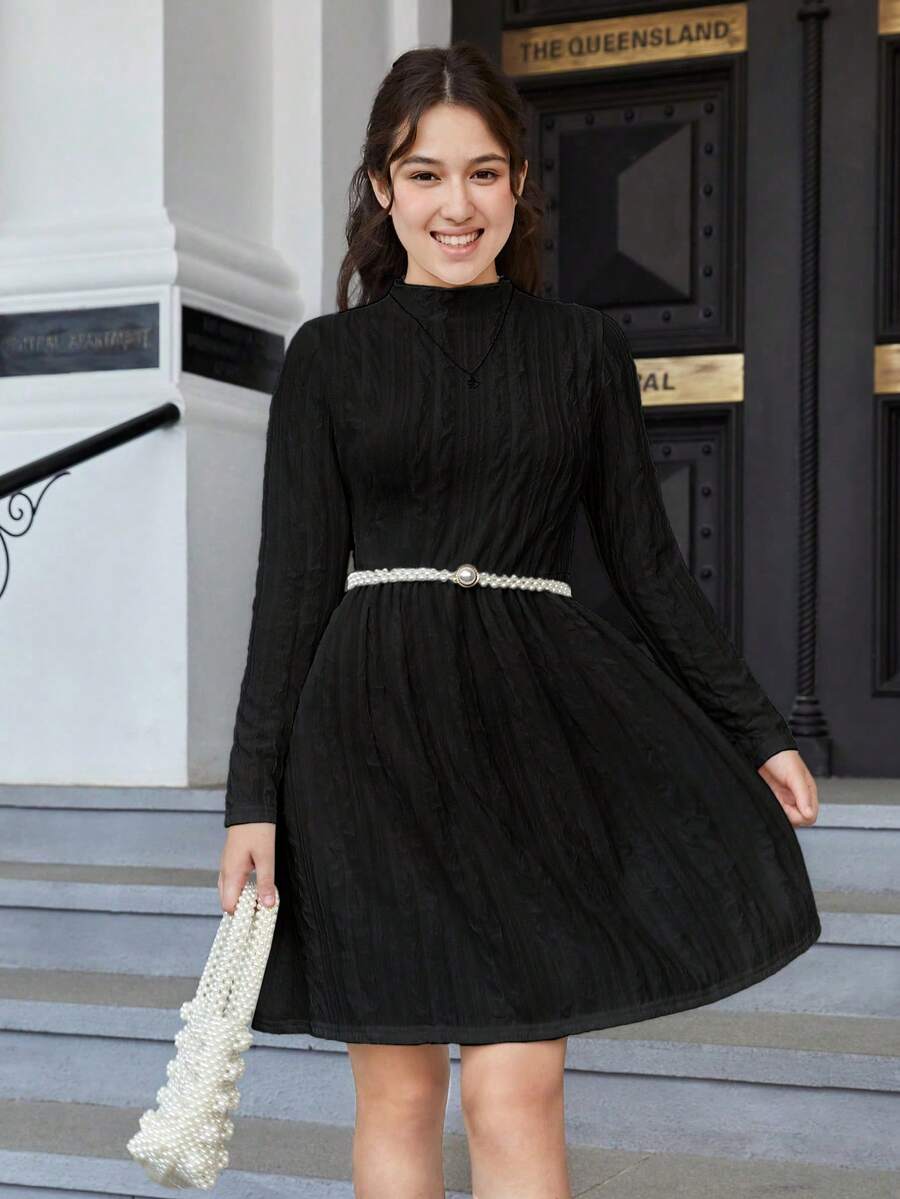 Cô gái Thanh lịch & Giải trí Đứng cổ áo Tay áo dài Đầm - màu đen - Xem 1