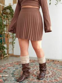 ROMWE PUNK Women's Plus Size Solid Color Pleated Sweater Skirt - Brown - View 3