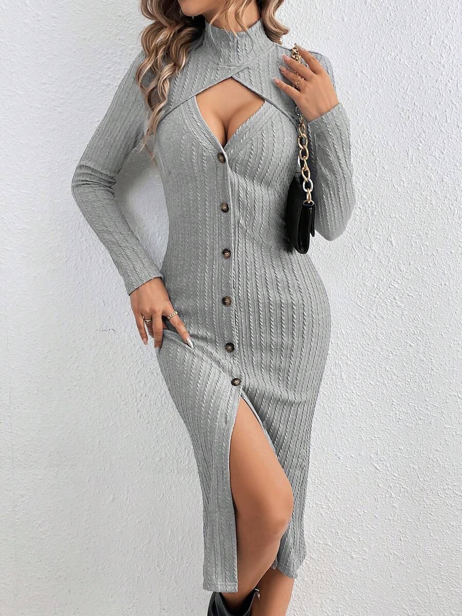 SHEIN LUNE Màu thuần Xu hướng: Cắt giảm Tay áo dài Đầm - Màu Xám nhạt - Xem 1