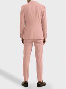 Calvornis Men 1pc Solid Lapel Neck Button Front Blazer & 1pc Suit Pants - Hot Pink - View 2