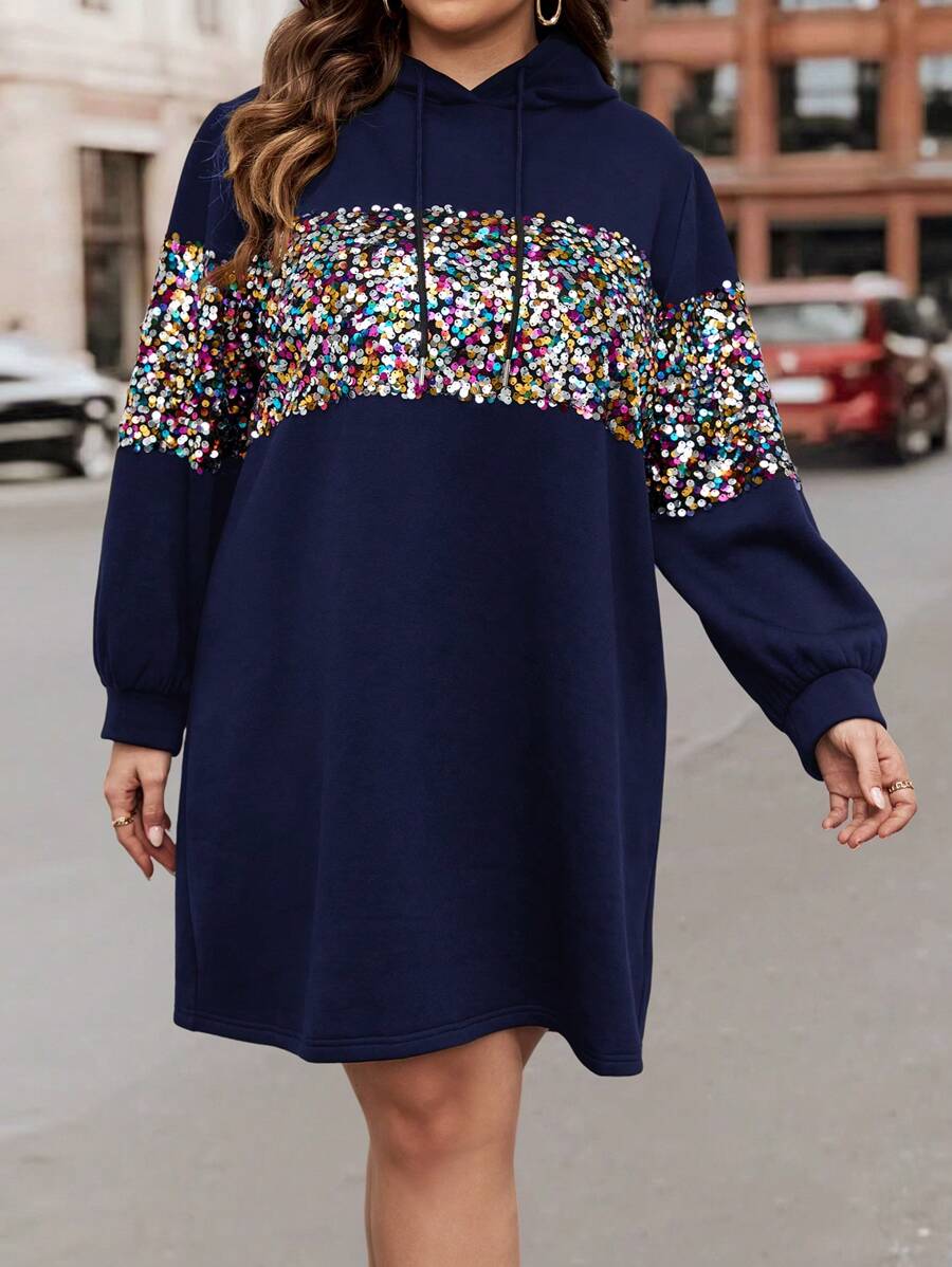 SHEIN LUNE Của phụ nữ Kích thước lớn Bảng điều khiển Sequin Dây rút Đầm có mũ - Màu xanh hải quân - Xem 1